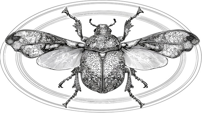 Detailed, monochrome drawing of a beetle with patterned wings, set in an oval frame