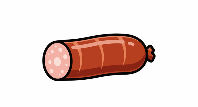 A cartoon sausage with a cut end showing pink meat and white spots