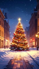 Fototapeta premium A snowy street at night with a brightly lit Christmas tree