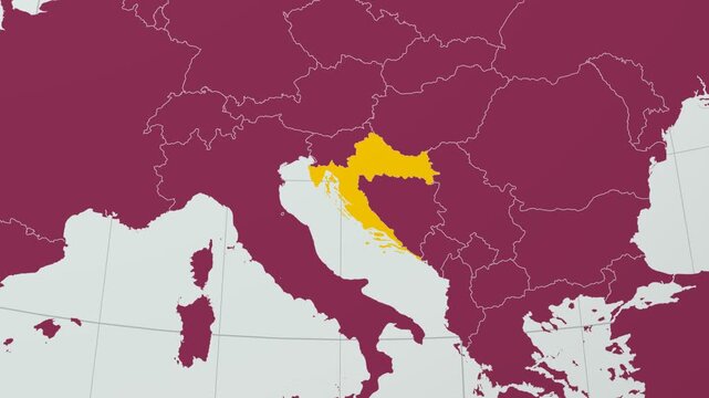 Croatia map. Animated zoom into the country on the Globe in Pale Mint Dark Pink color palette. Country logo animation with round text and airplanes. Map with meridians, parallels. Captivating video.
