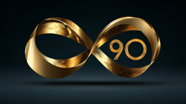 90th Anniversary luxury gold celebration with shapes numbers movement logo vector illustration design twisted infinity concept. Ninety years anniversary gold logo template for celebration event,  web.