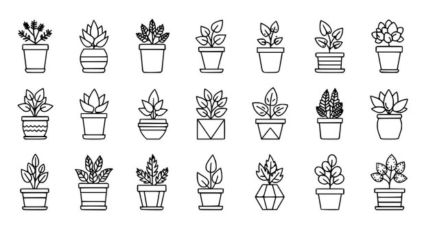Plant pot line icon set leaf gardening vector collection