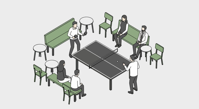 Colleagues play ping pong in a modern open office business space with coworkers