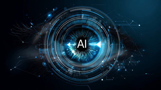 Artificial intelligence with curved arrow in AI eye robot circle analysis technology logo vector illustration design concept, representing futuristic technology, digital transformation, ui, AGI. 