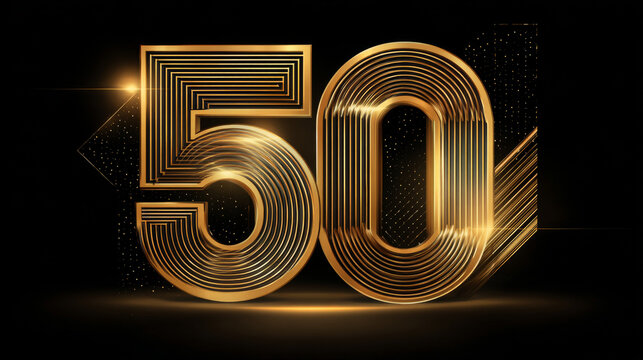 50th Anniversary luxury gold celebration outline 2D text number logo vector design concept. Fifty years anniversary premium gold logo template for celebration event, invitation, business company, web.