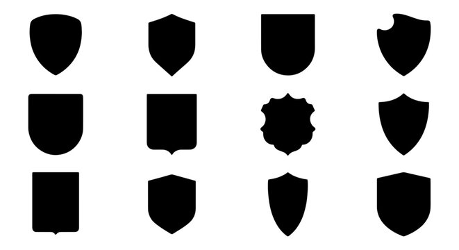 Heraldic shield silhouette collection, set of 12 black crest icons, medieval armor shield shapes for logo design and security branding