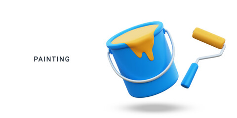 Paint can with roller 3d illustration. painting tools for construction and renovation © Beststyle