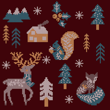 Christmas Cross Stitch Embroidery Vector Pattern with Deer, Fox, and Squirrel in Winter Forest.Seamless Winter Woodland Animal Cross-stitch Elements Set for Holiday Greeting Cards and Crafts.