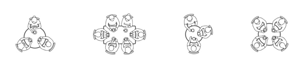 Obraz na płótnie Canvas Top View People Sitting at Tables Vector Set, Overhead Perspective Minimalist Dining Figures with White Fill for Architectural Site Plans, Interior Design, Clean Line Art Style