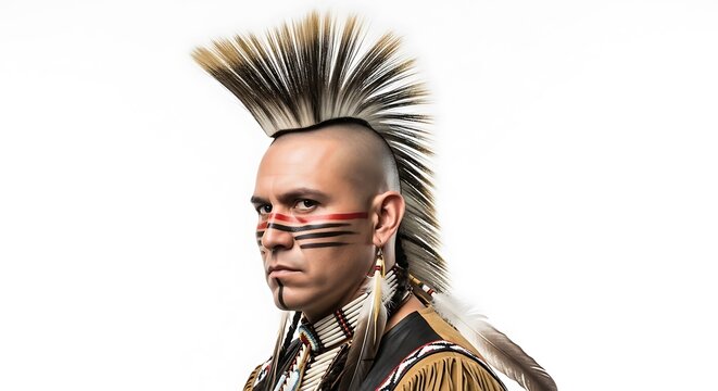A stern-faced person with traditional face paint and a striking hairstyle, wearing ornate attire