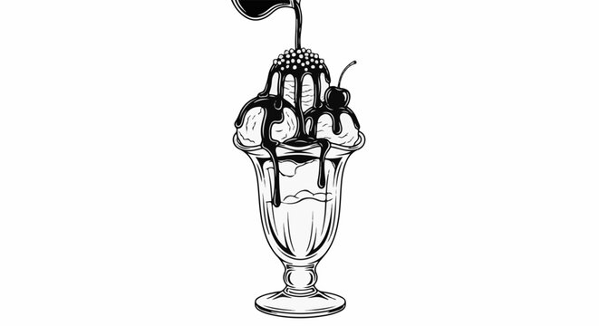A black and white illustration of an ice cream sundae with chocolate sauce and a cherry
