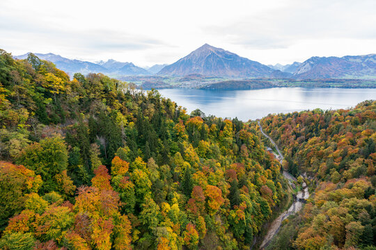Lake Thun autumn landscape with colorful forest and Alps mountains. Sigriswil, Canton of Bern, Switzerland.