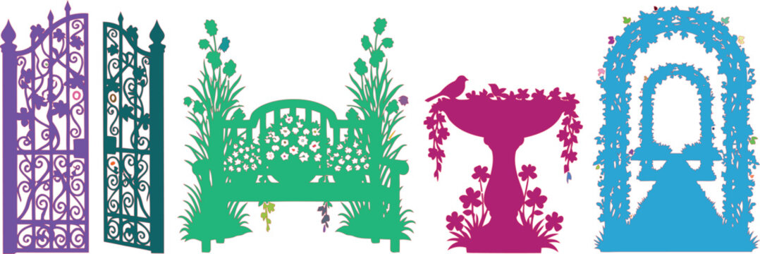 Set of colorful garden silhouettes with gate, bench, birdbath, and archway