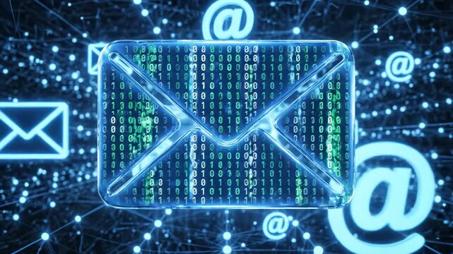 Digital email icon with binary code for corporate presentations, business marketing, and commercial use
