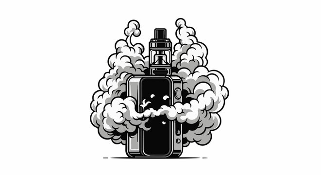 A black and white cartoon illustration of a vape device emitting thick clouds of smoke