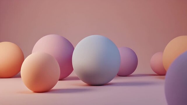 Several colorful matte spheres arranged closely on a pink surface indoors