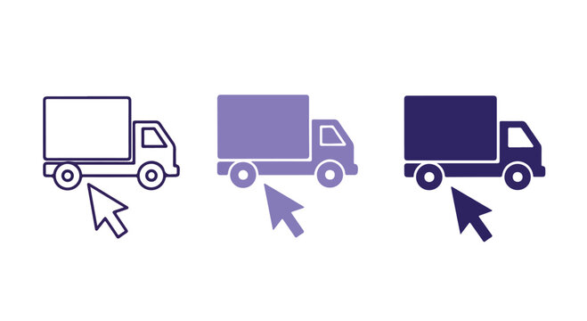 Set of three delivery trucks icons in different shades of purple representing logistics and transportation symbols