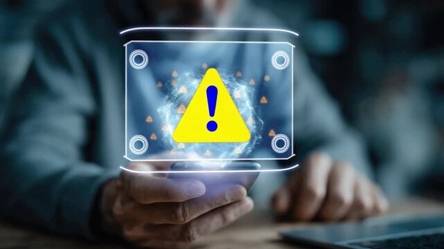 Digital Warning: A person interacts with a futuristic digital interface, displaying a prominent warning symbol. The scene underscores the importance of digital security and alerts in modern life.