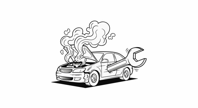 A broken down car emitting smoke with a wrench as part of its structure
