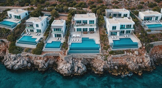 Coastal luxury villas with infinity pools aerial view