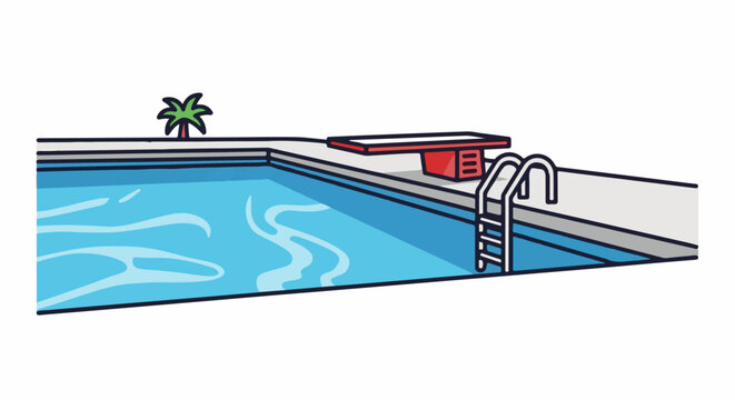 A cartoon-style swimming pool with a diving board and ladder