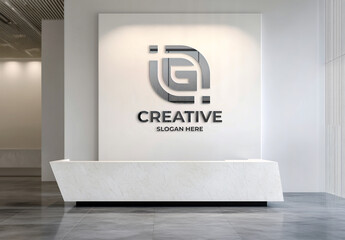 3D Reflective Logo On White Office Wall Mockup