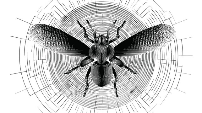 A detailed monochrome illustration of a beetle with wings spread within concentric circle patterns