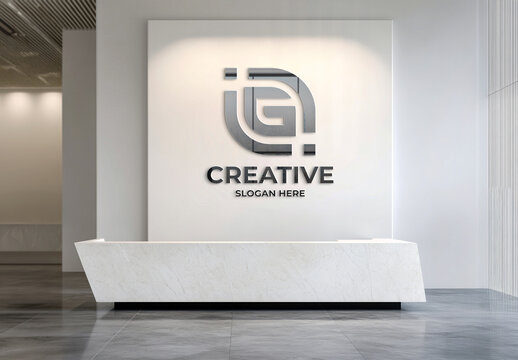 3D Reflective Logo On White Office Wall Mockup