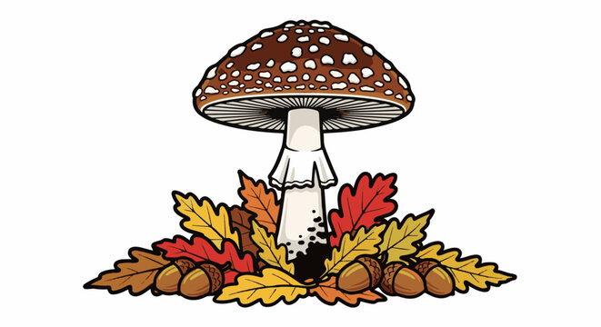 A brown and white speckled mushroom surrounded by colorful autumn oak leaves and acorns