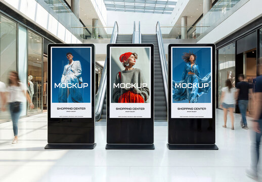 Three Vertical Digital Billboards in Bright Modern Shopping Mall Interior Advertising Mockup