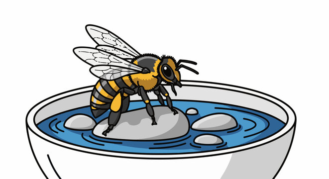 A bee stands on a rock in a bowl of blue water with a white rim