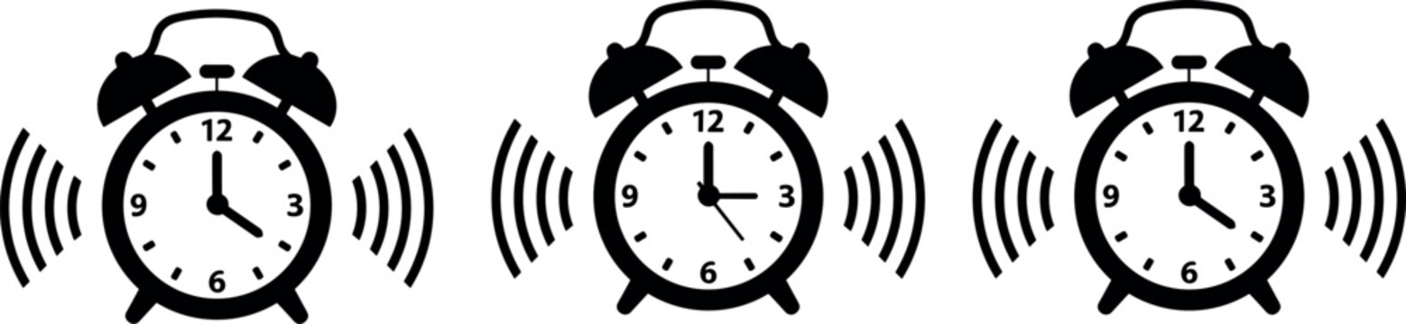 Vector illustration set of three ringing alarm clock icons with bells, sound waves, different times, time management artwork design