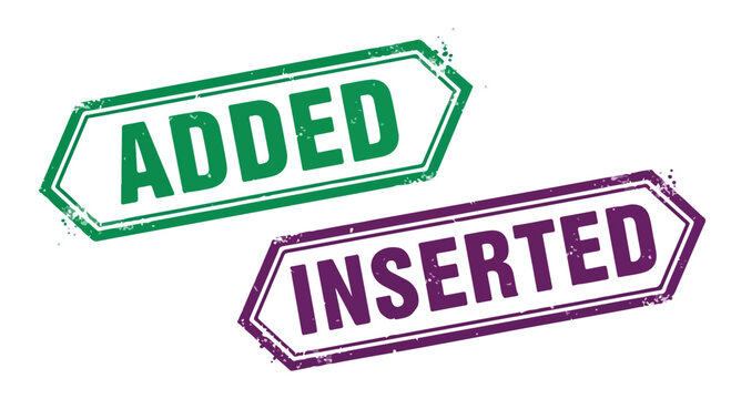 Close-up of two rubber stamps with the words added and inserted in green and purple ink on white background