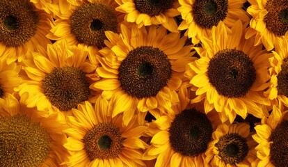 Fototapeta premium A vibrant cluster of blooming sunflowers with bright yellow petals and dark brown centers densely packed together.