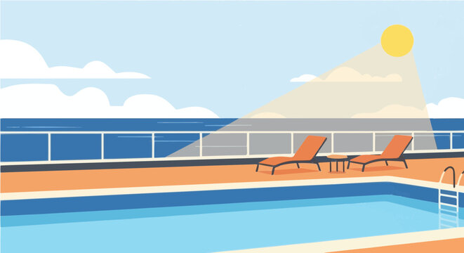 Ship deck swimming pool area with lounge chairs and mountain view