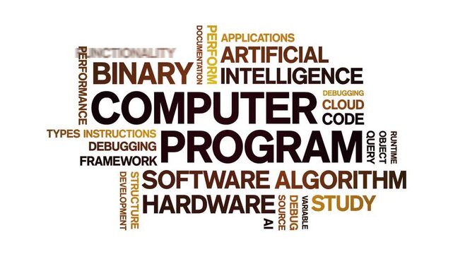 Computer Program animated word cloud-text design animation tag kinetic typography seamless loop.