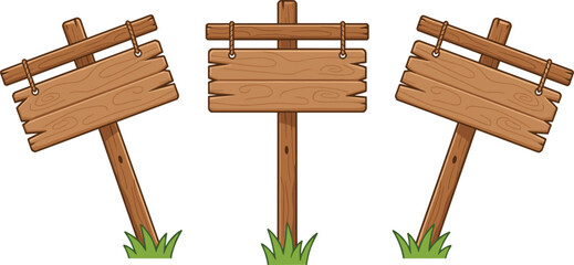 Vector illustration of rustic wooden signposts with blank boards and grass base in outdoor design © Creative Stoker
