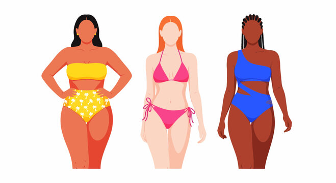 Diverse women models showcasing different styles of swimwear, including bikinis and one-piece outfits