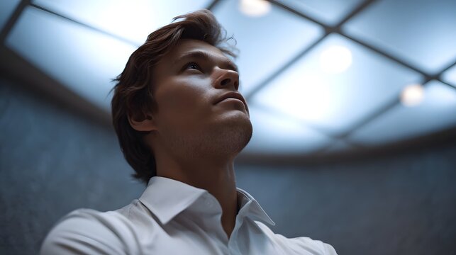 A thoughtfully posed man looking upward into a brightly lit modern architectural space symbolizing aspi n and professional clarity