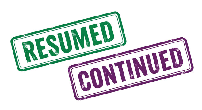 Close-up of two rubber stamps with the words resumed and continued in green and purple ink on white background