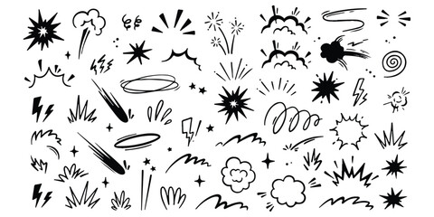 A collection of various hand drawn comic book style explosion effects and action graphic elements © md
