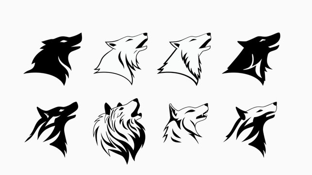 Eight wolves howl skyward, in stark black and white. Stylized, varied designs