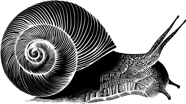 Black and white illustration of a snail in a vintage woodcut style, with detailed shell