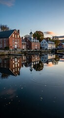 Fototapeta premium Reflections on the River - A Serene Evening in a Quaint Town.
