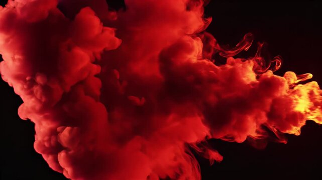 A vibrant, swirling cloud of red liquid paint gracefully descends against a stark black background, creating an abstract and captivating visual.