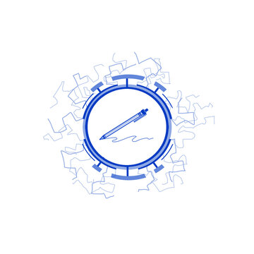Pen icon in a round frame with lightning electric discharges blue color isolated on transparent background