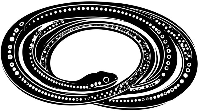 A stylized black snake coiled in a circular pattern with dotted detailing. Its head faces outward