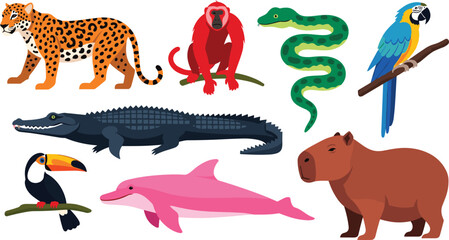Obraz premium Colorful Cartoon Jungle and Wildlife Animal Illustrations Featuring Jaguars, Monkeys, Snakes, and More for Digital Art, Websites, and Creative Projects