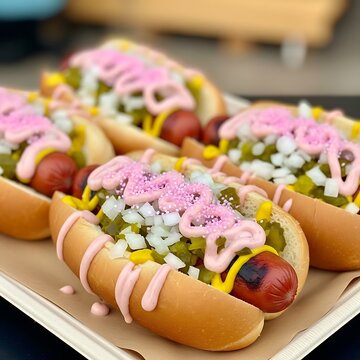 Delicious hot dogs with toppings served.