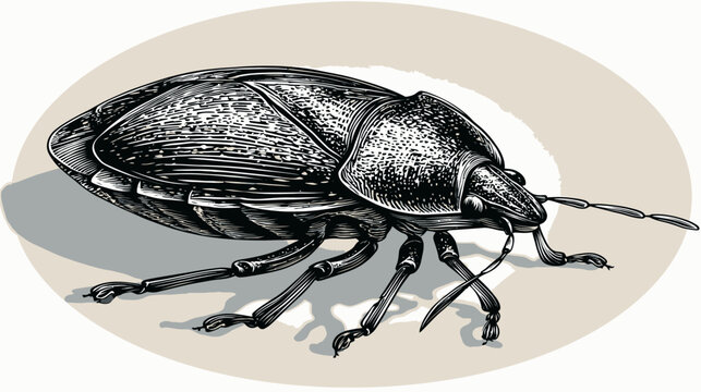 Intricate black and white illustration of a beetle, detailed with crosshatching. Beige background